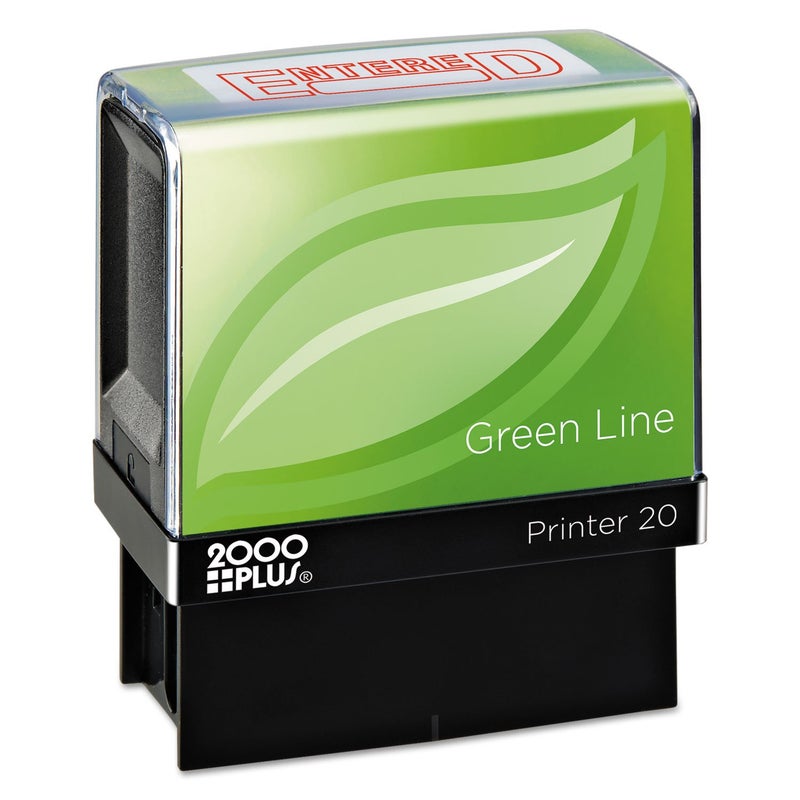 2000 Plus Green Line Self-Inking Message Stamp, Entered, 80% Recycled, 1 1/2" x 9/16" Impression, Red Ink (098368) - Image 1